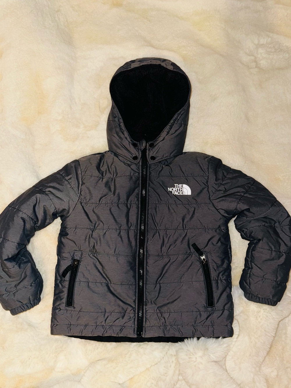 Boys The North Face Mt. Chimbo Gray Hooded Reversible Jacket